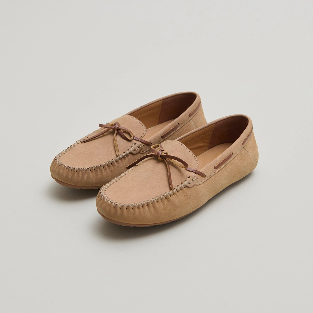 Ruched loafers with laces in beige nubuck and cognac leather | ANGELIQUE