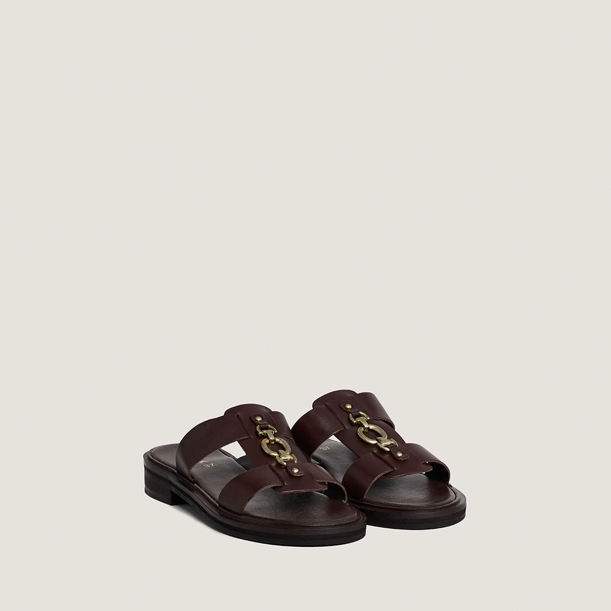 Mules with golden bits in dark brown leather | DOP