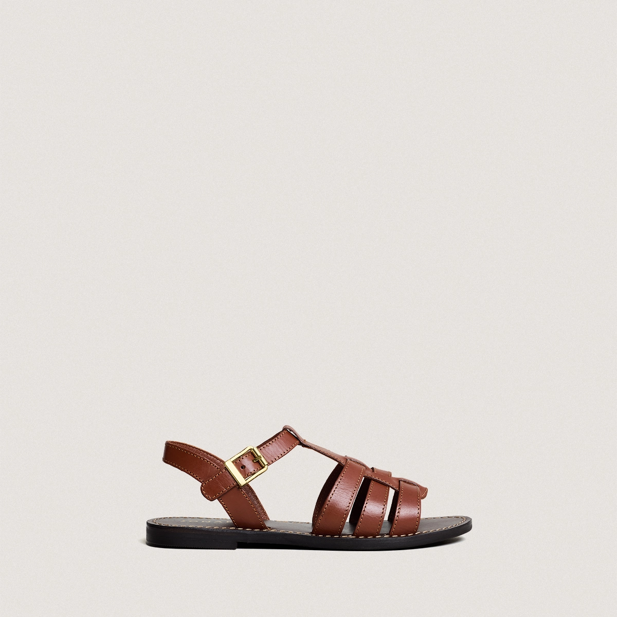 Sandals with adjustable buckles and topstitching in cognac leather | WIM