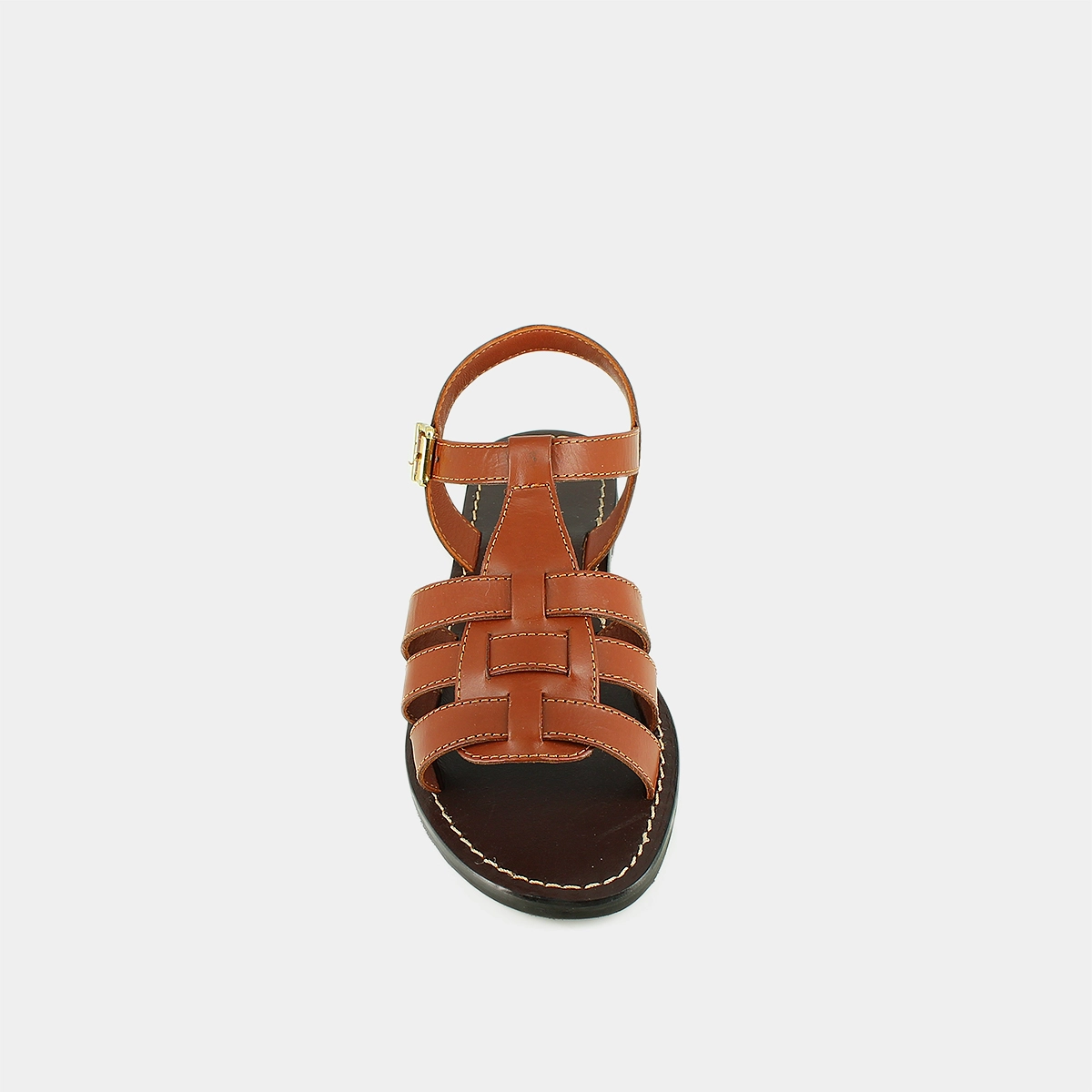 Sandals with adjustable buckles and topstitching in cognac leather | WIM