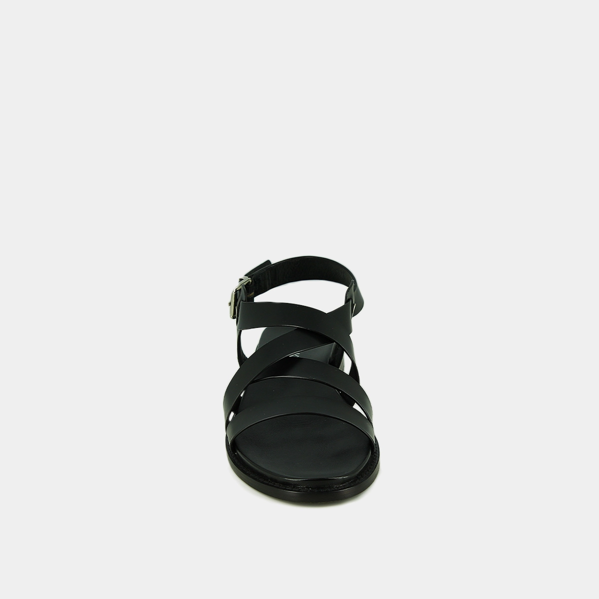 Sandals with criss-cross straps and adjustable buckles in black leather | WOKY