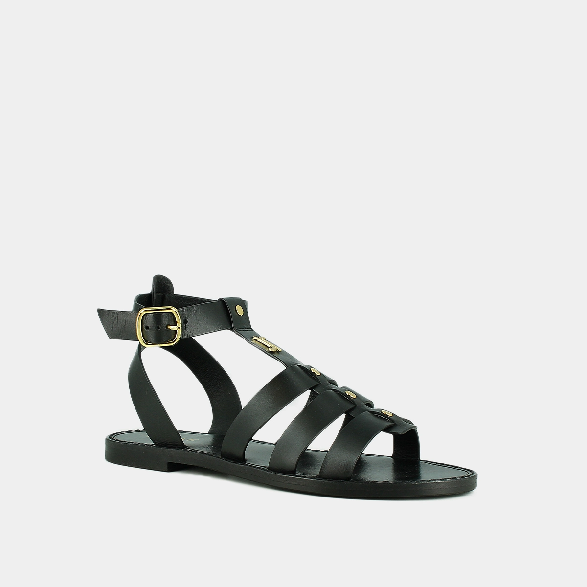 Monogrammed sandals with adjustable buckles in black leather | WAN
