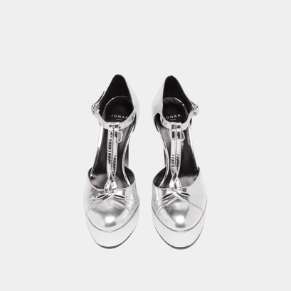 Heeled t-bar and platforms in silver metallic leather | rewind
