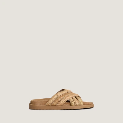 Mules with overlapping straps in beige raffia | wong