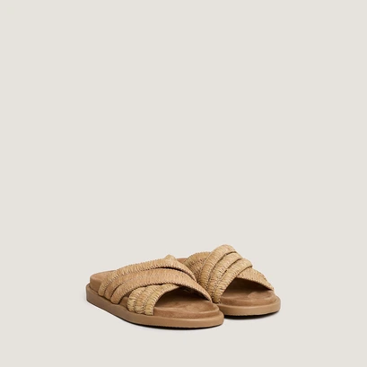 Mules with overlapping straps in beige raffia | wong