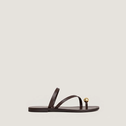 Sandals with slender straps and gold details in dark brown leather | wife