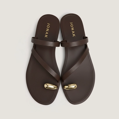 Sandals with slender straps and gold details in dark brown leather | wife