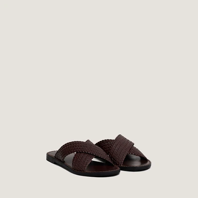 Plagettes with wide criss-cross straps in dark brown leather | witch