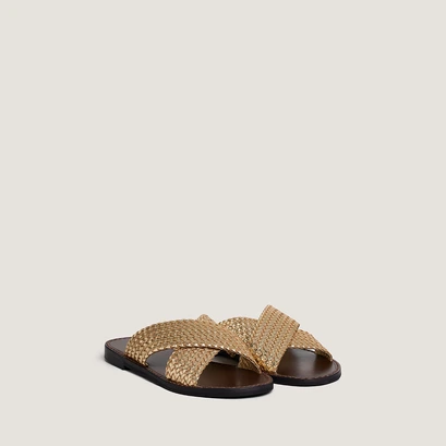 Plagettes with wide criss-cross straps in gold leather | witch