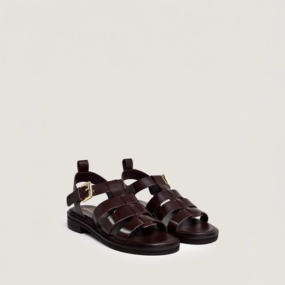 Sandals with adjustable buckles in dark brown leather | wool