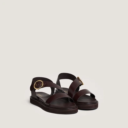 Wide-strap sandals in dark brown leather | WASH
