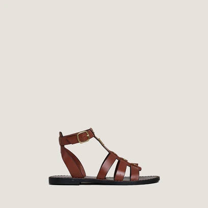 Monogrammed sandals with adjustable buckles in cognac leather | wan