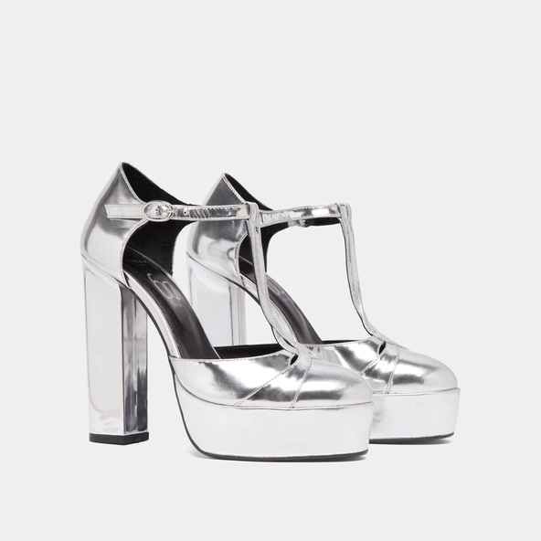 Heeled T-bar and platforms in silver metallic leather | REWIND