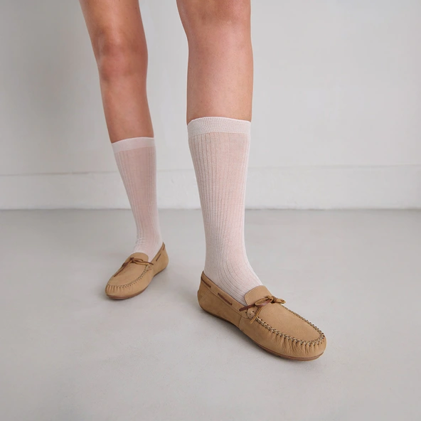 Ruched loafers with laces in beige nubuck and cognac leather | ANGELIQUE