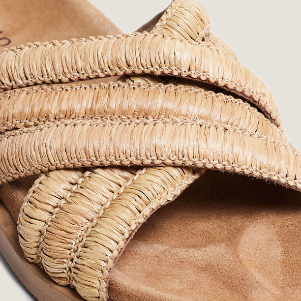Mules with overlapping straps in beige raffia | WONG