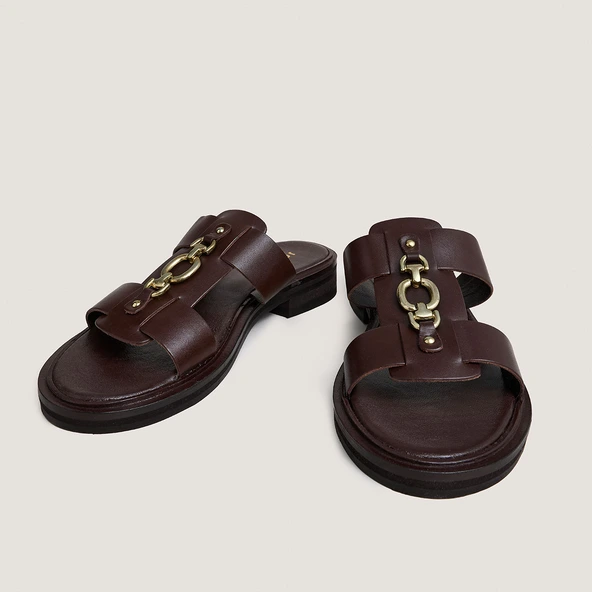 Mules with golden bits in dark brown leather | DOP