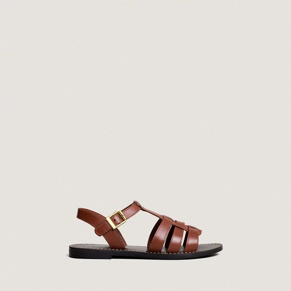 Sandals with adjustable buckles and topstitching in cognac leather | WIM
