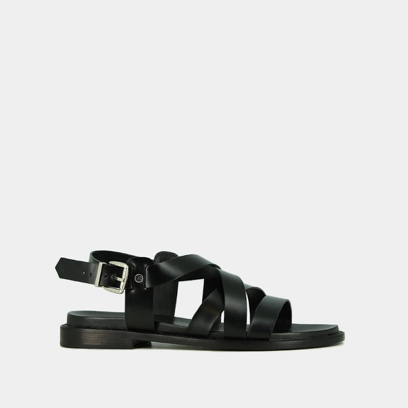 Sandals with criss-cross straps and adjustable buckles in black leather | WOKY