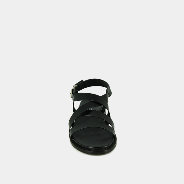 Sandals with criss-cross straps and adjustable buckles in black leather | WOKY