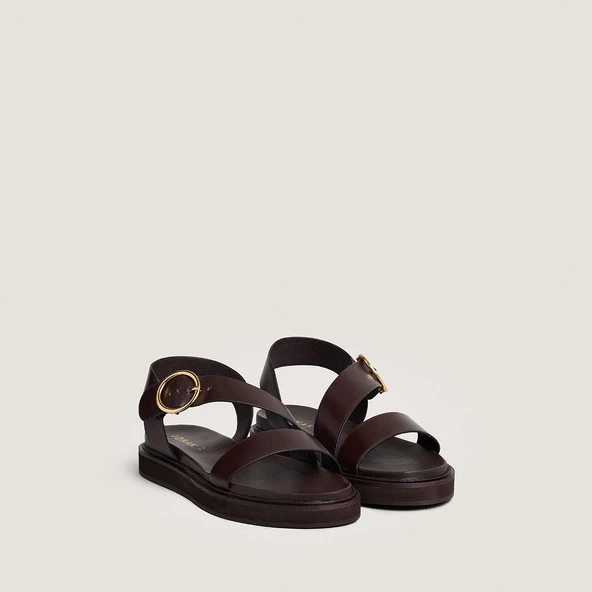 Wide-strap sandals in dark brown leather | WASH