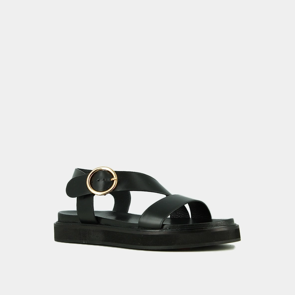 Wide-strap sandals in black leather | WASH