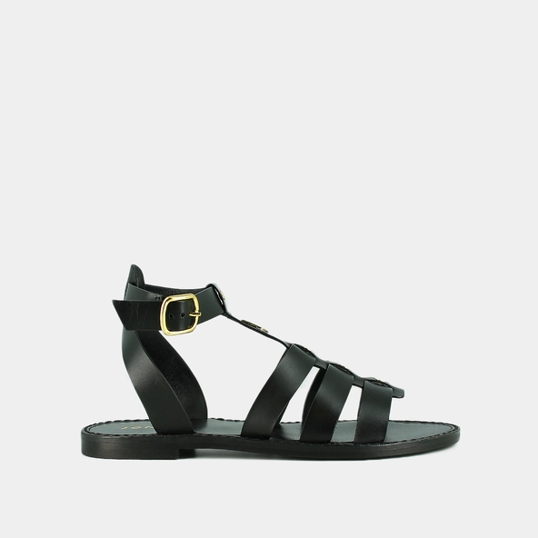 Monogrammed sandals with adjustable buckles in black leather | WAN