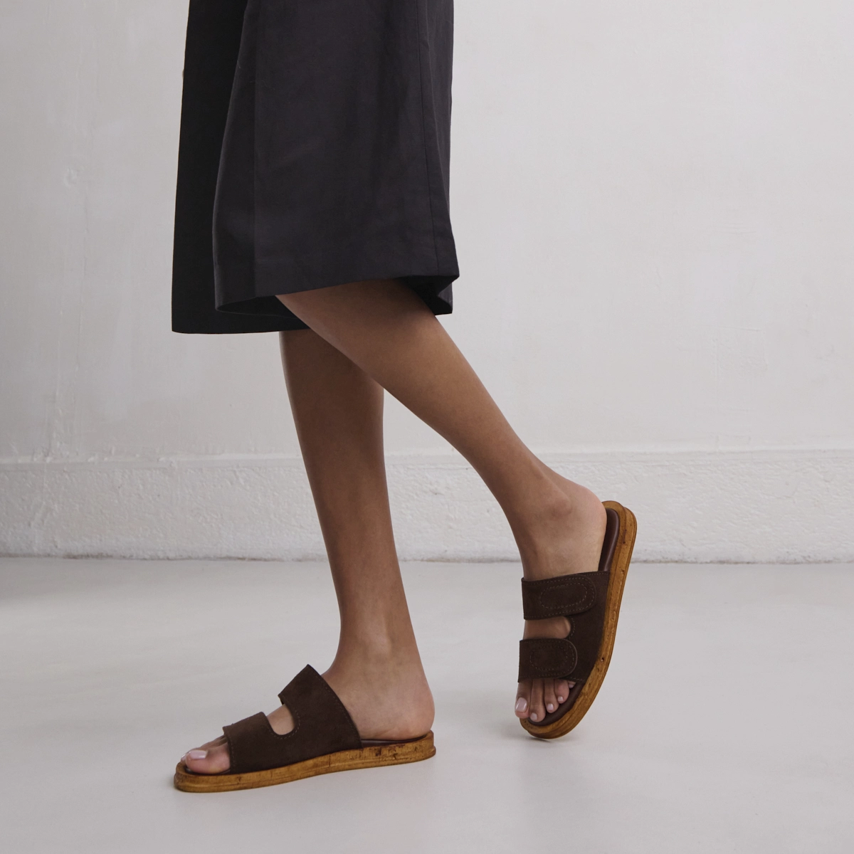 Mules with two straps in dark brown suede | ELSIE