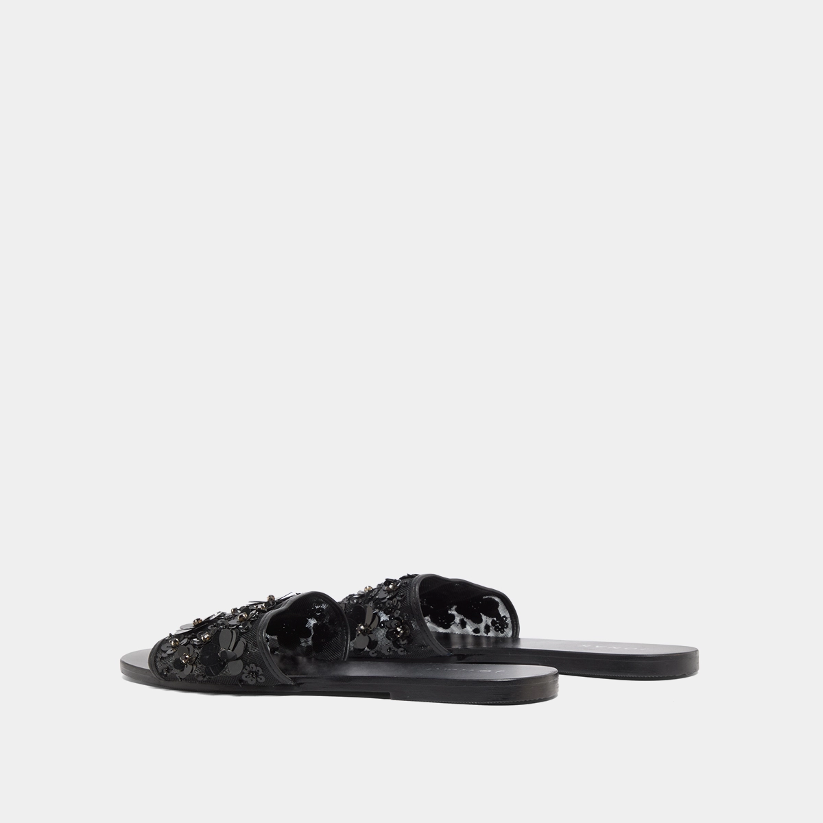 Beach sandals with flowers in black leather and black textile | SUN