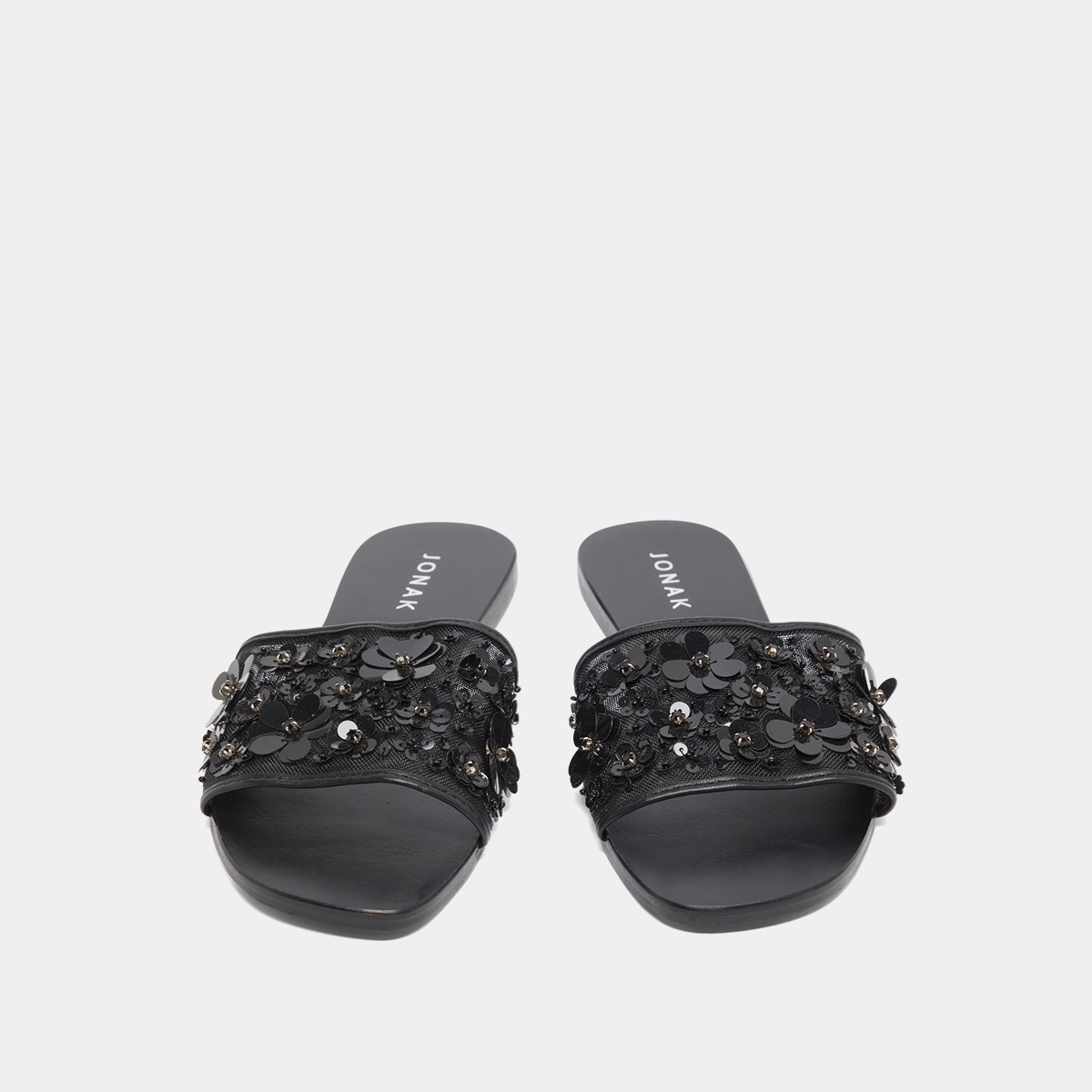 Beach sandals with flowers in black leather and black textile | SUN