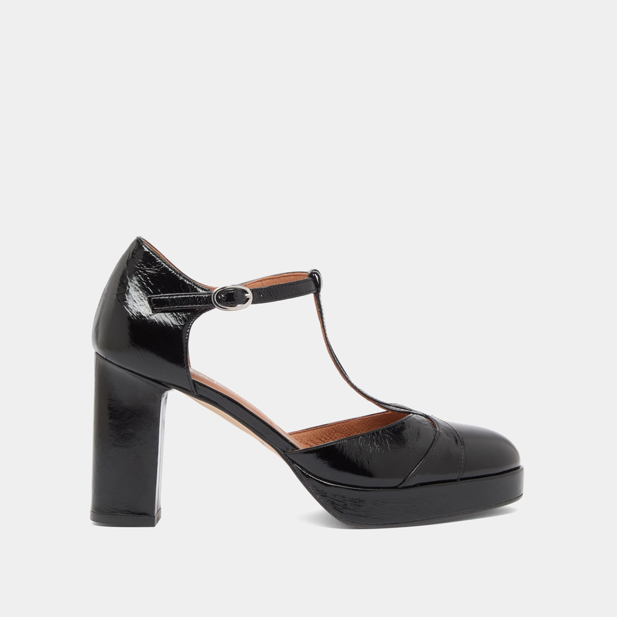 T-bar sandals with heels in black shiny leather | VOLO