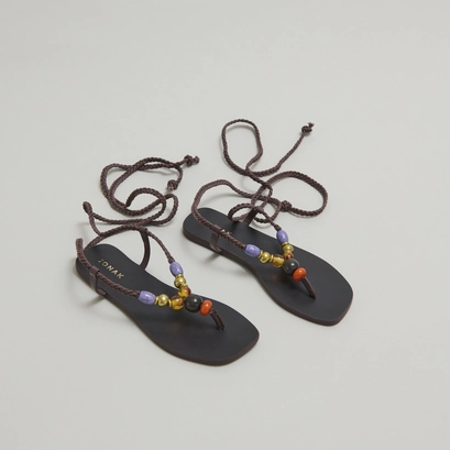 Beach sandals with laces in dark brown leather and rope | sienna