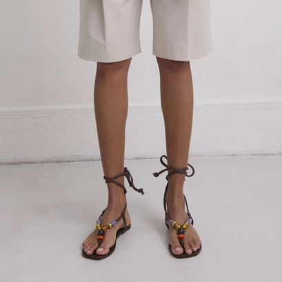 Beach sandals with laces in dark brown leather and rope | sienna