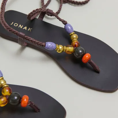 Beach sandals with laces in dark brown leather and rope | sienna