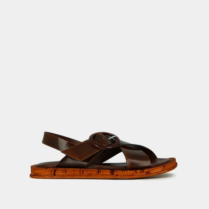 Sandals with criss-cross straps in cognac glazed leather | eulalie