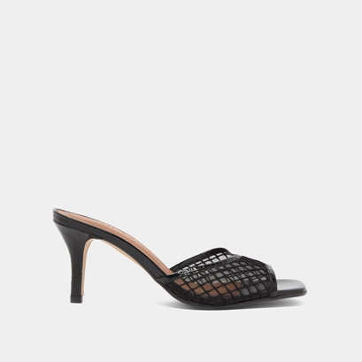 Heeled mules in black shiny leather and black mesh | VOILE
