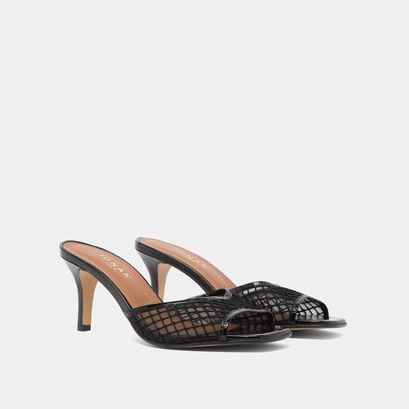 Heeled mules in black shiny leather and black mesh | VOILE