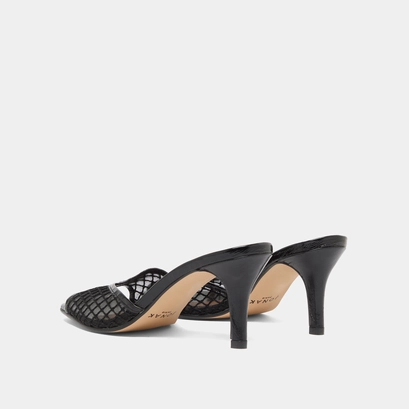 Heeled mules in black shiny leather and black mesh | VOILE