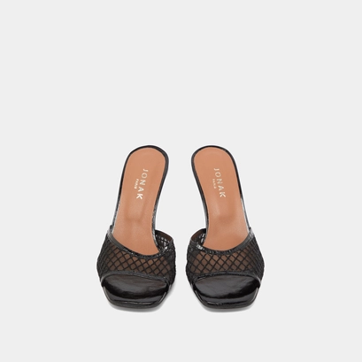 Heeled mules in black shiny leather and black mesh | VOILE