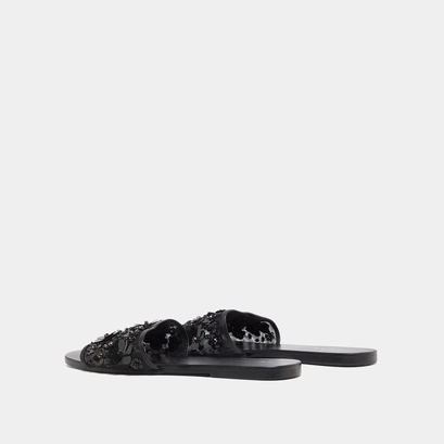 Beach sandals with flowers in black leather and black textile | sun