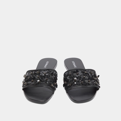 Beach sandals with flowers in black leather and black textile | sun