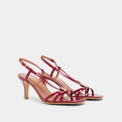 Heeled sandals with monograms in red carmine shiny leather | voma