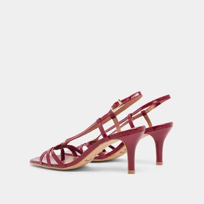 Heeled sandals with monograms in red carmine shiny leather | voma