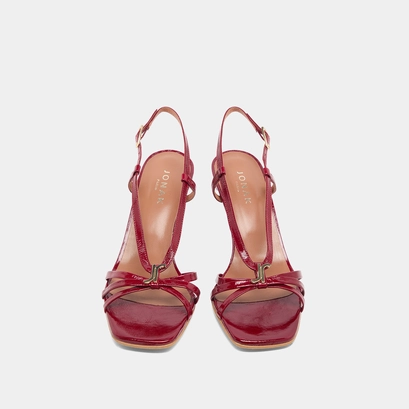 Heeled sandals with monograms in red carmine shiny leather | voma