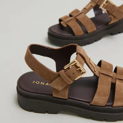 Platform sandals with monograms in taupe suede | LONDRES