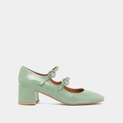 Mary Janes with double straps and rounded toes in green shiny leather | DELOU