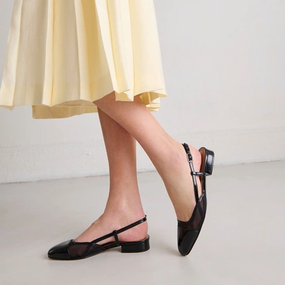 Slingbacks ballet flats en vernis pliss&eacute; noir et r&eacute;sille noire | DHAPILLE
