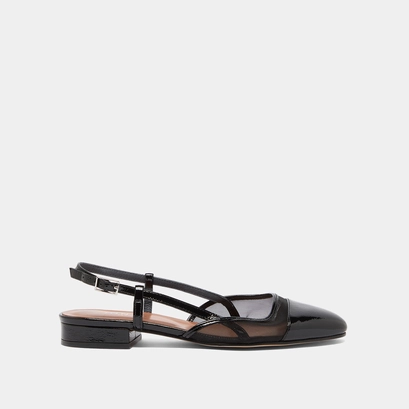 Slingbacks ballet flats en vernis pliss&eacute; noir et r&eacute;sille noire | DHAPILLE