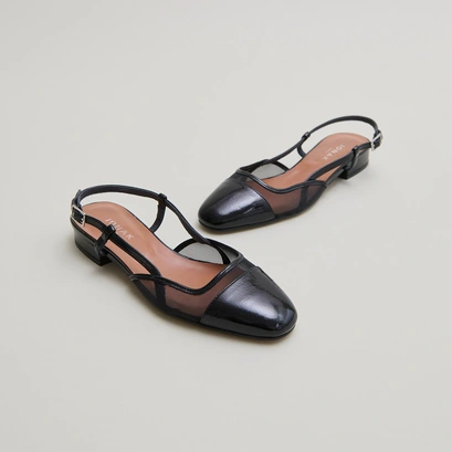 Slingbacks ballet flats en vernis pliss&eacute; noir et r&eacute;sille noire | DHAPILLE