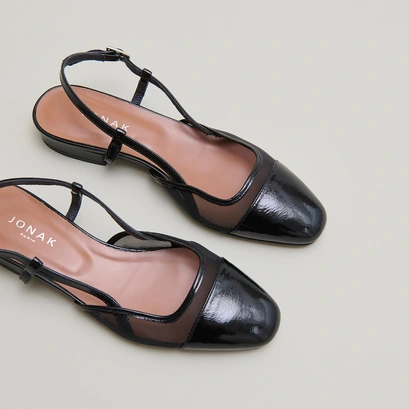 Slingbacks ballet flats en vernis pliss&eacute; noir et r&eacute;sille noire | DHAPILLE