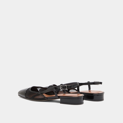 Slingbacks ballet flats en vernis pliss&eacute; noir et r&eacute;sille noire | DHAPILLE